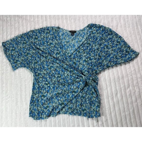 Halogen Tops - Halogen Pleated Side Tie Wrap Top Womens XL Blue Floral Lightweight
